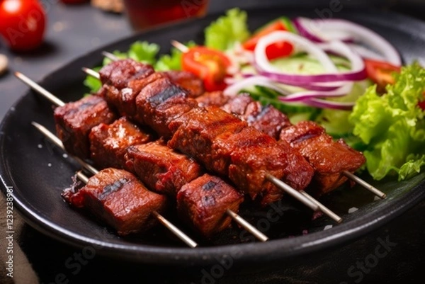 Fototapeta Tasty African Suya Kebabs on Skewers with Fresh Veggies and Ketchup. Close-up of Spicy Grilled Meat Snack Traditional Bar-B-Q Meal