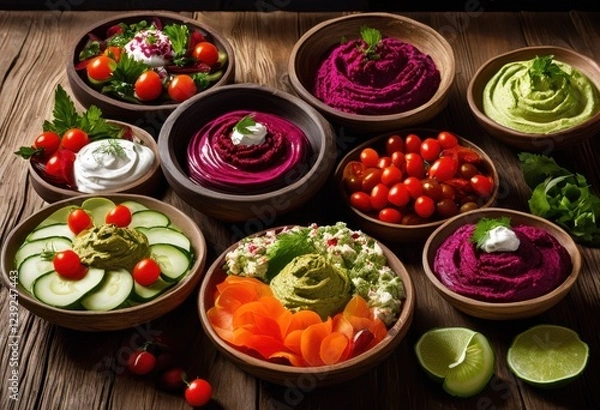 Fototapeta vibrant display dips appetizers showcasing colorful array textures flavors, platter, sauce, spread, snack, gourmet, tasting, cuisine, bite, herbs, spices