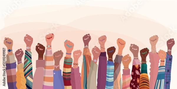 Obraz Illustration with group of diverse women raising fists. Diversity - inclusion - equality - girl power or empowerment concept. International women s day. Banner copy space