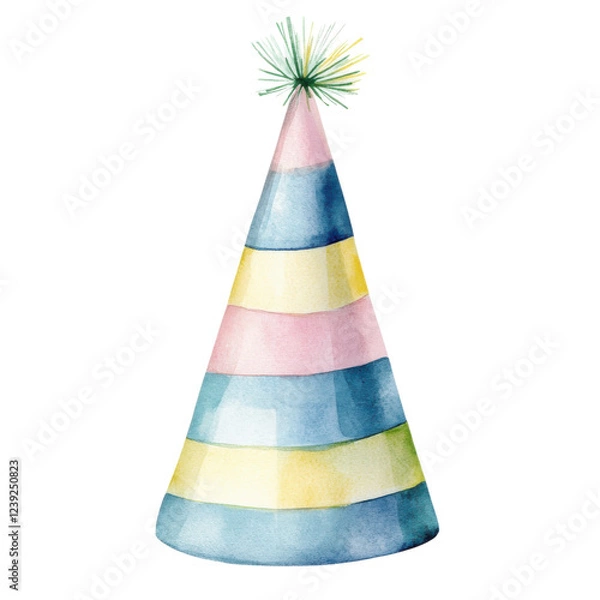 Fototapeta A colorful party hat with alternating stripes and a playful pom-pom atop.