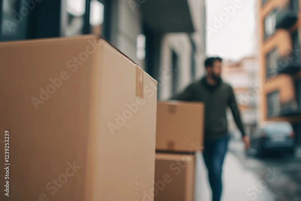 Fototapeta Family Relocation with Cardboard Boxes and Belongings in New Apartment Interior, Generative AI photo art