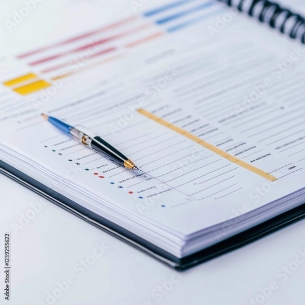 Fototapeta Organized Document with Pen on Spiral Notebook and Colorful Tabs