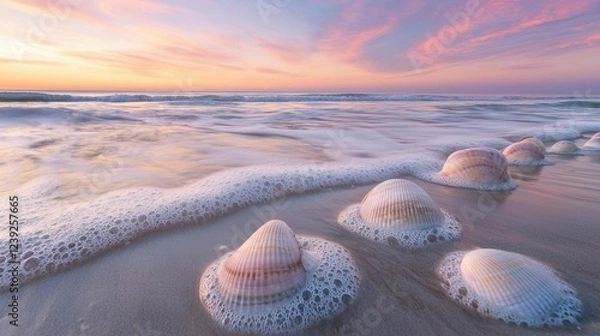 Obraz Tranquil Sunset Over Gentle Waves and Shells on Sandy Beach