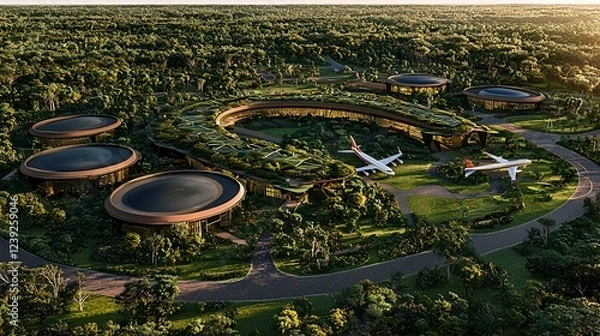Fototapeta Lush jungle airport, private jets, curved building, aerial view, eco-resort