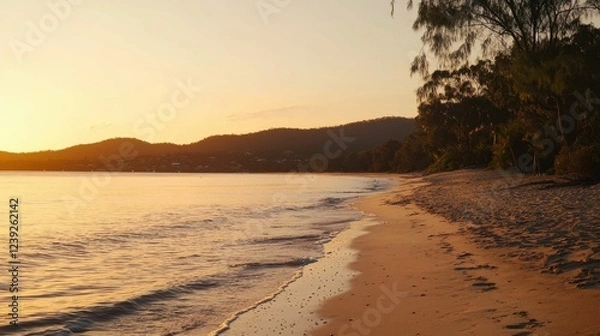 Fototapeta Tranquil Sunset at the Serene Beach with Gentle Waves and Sand