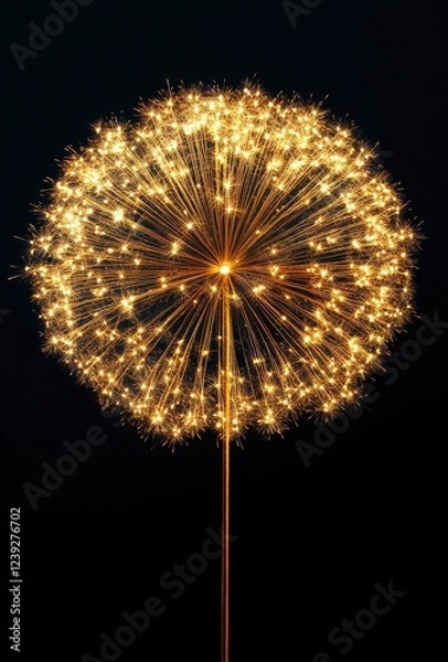 Fototapeta Sparkling Explosion of Light in a Symmetrical Dandelion Shape Against a Dark Background Showcasing Bright Golden Twinkling Stars and Whimsical Design