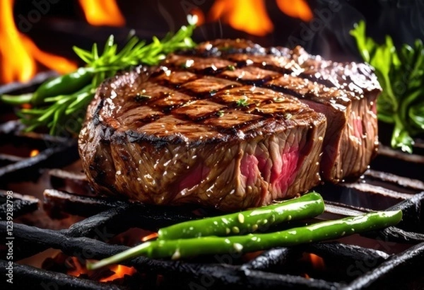 Obraz close juicy steak sizzling grill captivating aromas perfectly charred lines, barbecue, grilling, meat, sizzle, cooking, barbecuing, seasoning, flavor