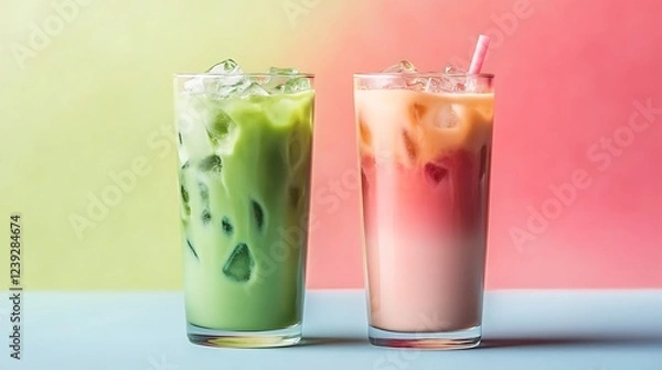 Fototapeta Iced matcha latte and strawberry milk matcha latte in tall glasses isolated on a colorful background