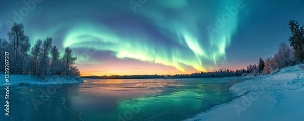 Obraz A breathtaking panorama of the aurora borealis illuminating a snowy landscape, reflecting on a tranquil river at dusk.