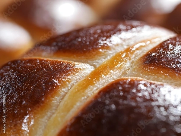 Fototapeta Golden Cross:  A close-up view of a freshly baked Easter hot cross bun, showcasing the glistening cross and the inviting texture of the dough.