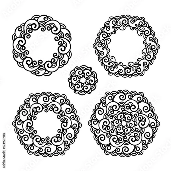 Fototapeta vector, contour, design element, black and white illustration, a set of mandala, round frame, floral ornament, doodle style coloring page