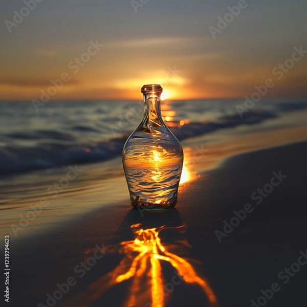 Fototapeta A glass bottle reflecting the sunset on a serene beach, symbolizing peace and tranquility.