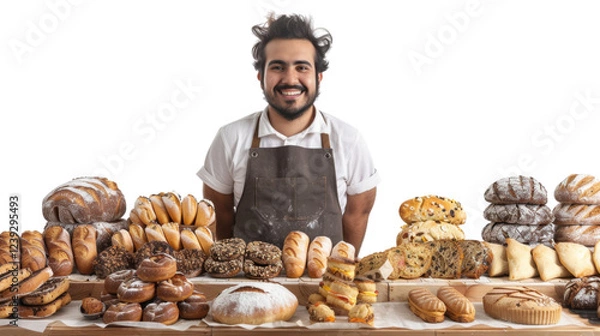 Obraz Baker with assortment of fresh baked bread on transparent background