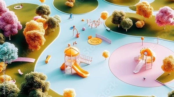 Fototapeta Whimsical Playground Design: A Bird's-Eye View of a Pastel-Colored Play Area