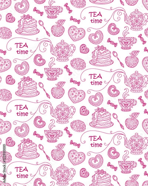 Fototapeta vector, design element, contour illustration, seamless pattern, tea time, heart, sweets, coffee, tea, breakfast