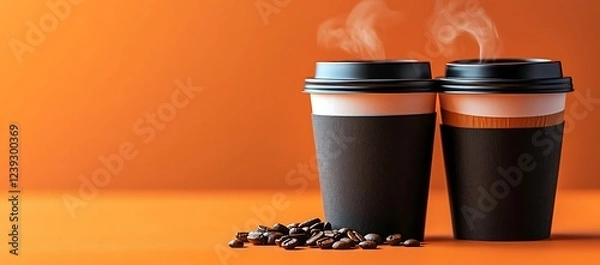 Fototapeta Two steaming cups of coffee with coffee beans on an orange background.