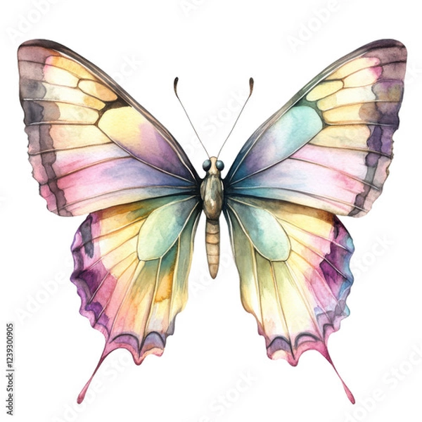 Fototapeta A beautifully illustrated butterfly with vibrant, multicolored wings showcasing intricate patterns and delicate structures.