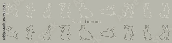 Fototapeta Black and white linear silhouettes of Easter bunnies. Set of different rabbits silhouettes. Cutie bunnies. Vector. EPS 10