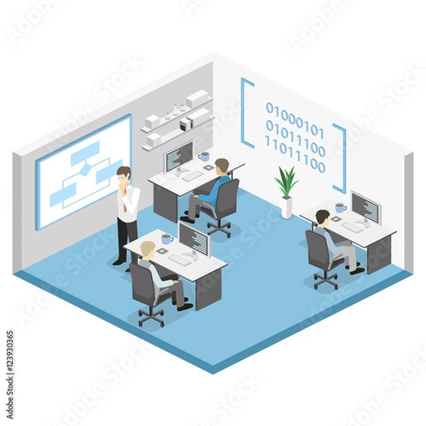 Obraz Flat 3D vector isometric concept illustration of office software developer and teamwork. .