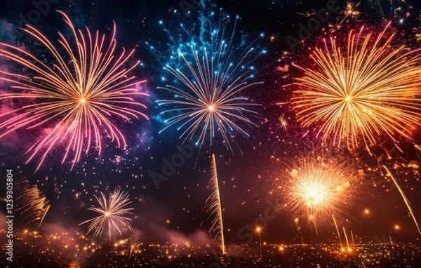 Obraz Vibrant Fireworks Display Illuminates Night Sky Over Cityscape with Bursts of Colorful Explosions and Sparkling Effects Celebrating Festive Occasions