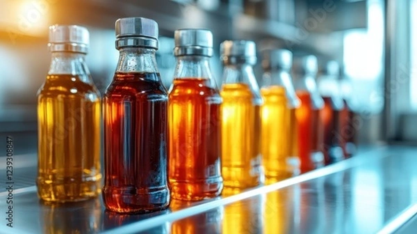 Fototapeta A captivating image featuring a lineup of colorful oil bottles on a sleek countertop that highlights culinary diversity and the essence of gourmet cooking.