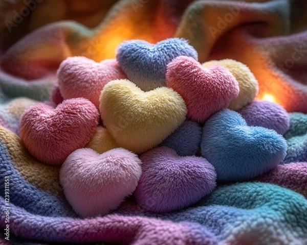 Fototapeta A pile of cozy heart-shaped plush toys on a vibrant fleece blanket, bathed in gentle ambient light.
