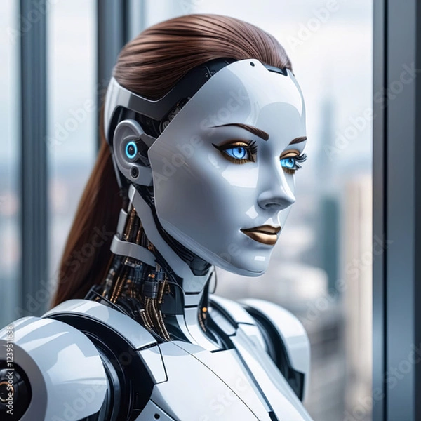 Fototapeta 3d rendering humanoid robot looking out the window in a modern office. Portrait of a female robot