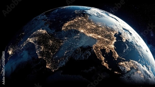 Obraz A stunning view of Earth from space captures the glowing urban lights across continents, illustrating humanity’s presence and connection from above.