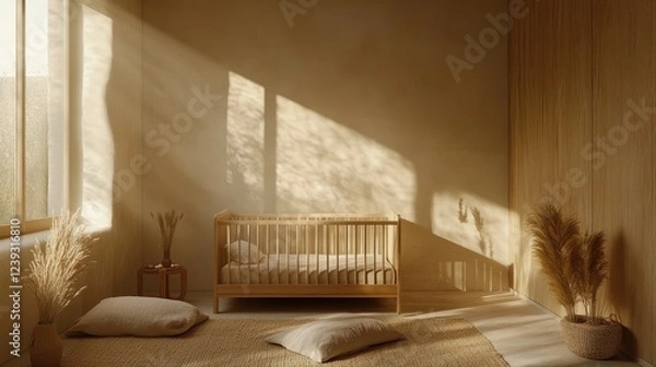 Fototapeta Sunlit nursery, crib, minimalist decor, peaceful room, calm background