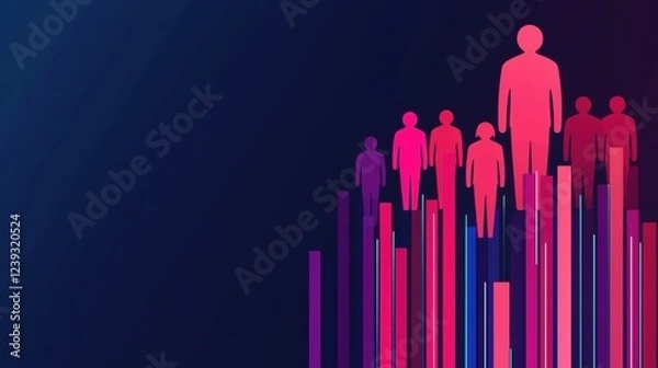 Fototapeta marketing research survey targeting, Silhouette Figures with Vertical Colorful Bars on a Dark Background