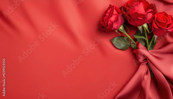 Obraz Happy Valentines Day background, bouquet of red roses tied with silk ribbon on red background, creating romantic and elegant atmosphere perfect for special occasions