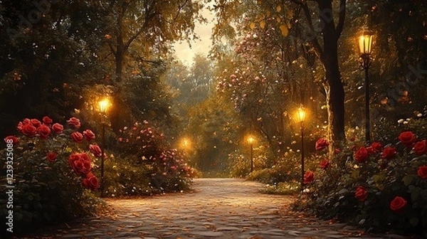 Fototapeta Evening stroll through a rose garden with lanterns serene pathway natural setting relaxing atmosphere