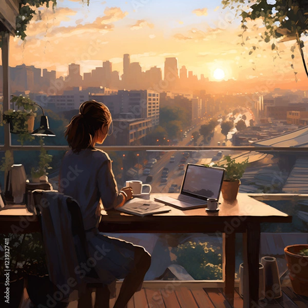 Obraz person working on laptop in the city