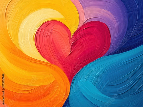 Obraz Happy Valentines Day background, Vibrant abstract art featuring swirling hearts in bold colors, evoking feelings of love and joy. dynamic brush strokes create lively composition