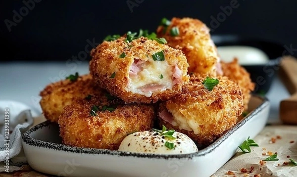 Fototapeta Deliciously crispy croquettes made from toast with ham and camembert cheese