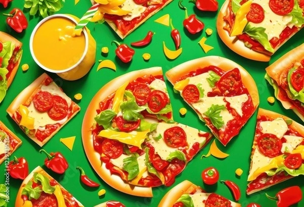 Fototapeta vibrant fast food spread arranged colorful backdrop featuring bright condiments visual culinary feast, appetizer, arrangement, beef, beverage, bowl