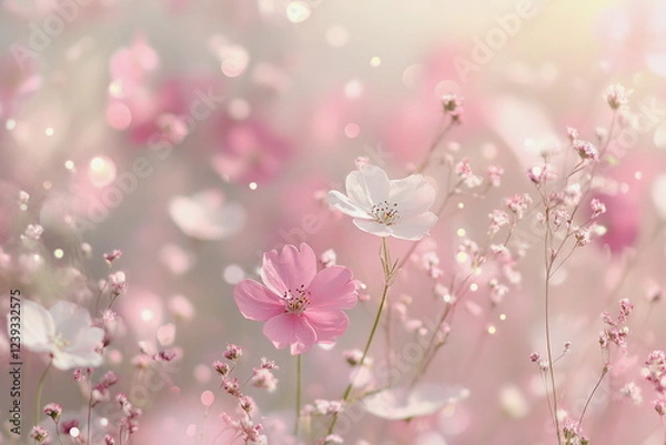 Fototapeta Gentle grass flowers in soft focus, bathed in golden sunlight. Vintage filter adds warmth and nostalgia to the tranquil nature scene.

