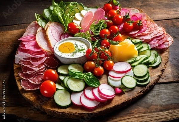 Fototapeta vibrant colorful appetizer platter showcasing fresh ingredients array textures varieties, vegetables, fruits, herbs, cheese, dips, peppers, radishes