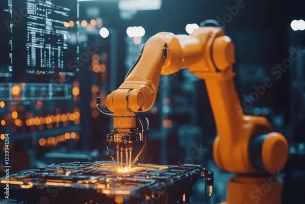 Fototapeta Orange robotic arm performing precision task with computer code display in background of modern factory.