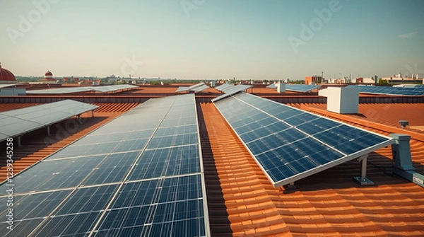 Fototapeta Solar panels are neatly installed on residential rooftops, showcasing a sleek and modern aesthetic.