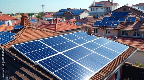Fototapeta Solar panels are arrayed on diverse house and building rooftops, showcasing clean energy under bright sunlight.