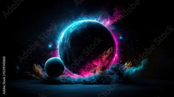 Obraz A large planet is encircled by a vibrant nebula as a smaller orb accompanies it, creating an ethereal cosmic scene of mystery and universal intrigue.