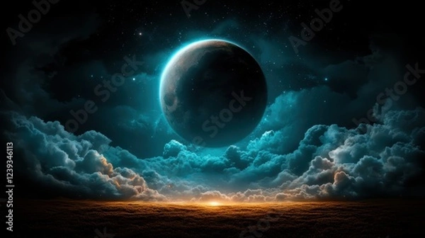 Obraz A new moon depicted over a dramatic cloudscape, with a glowing horizon, creating a mysterious yet tranquil scene that evokes introspection and wonder.