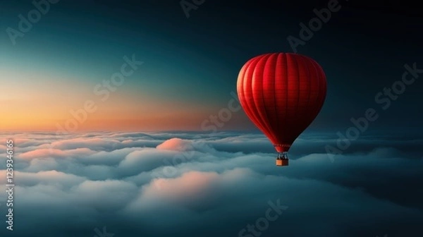 Obraz A vibrant red hot air balloon gracefully floats above dreamy, soft clouds during sunset, creating a serene and captivating atmosphere of freedom and adventure.