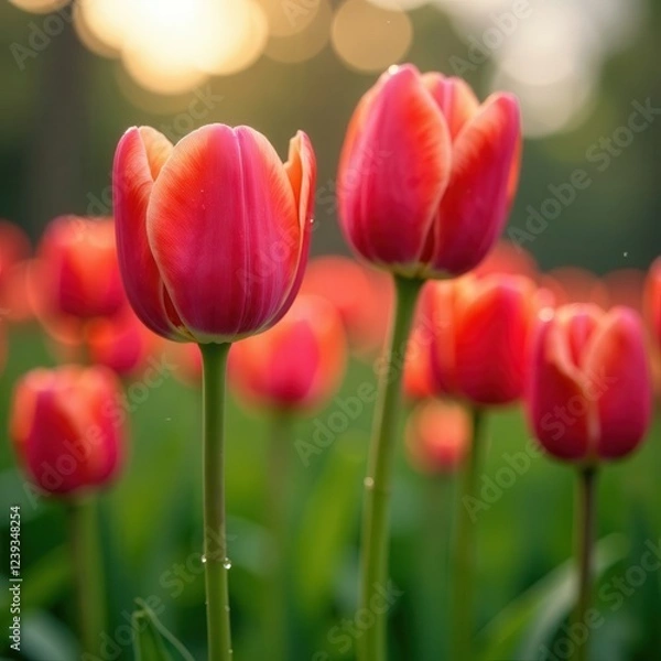 Obraz Red tulips in a field in soft sunlight in spring, summer
