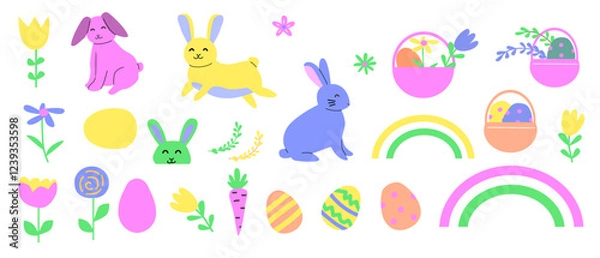 Fototapeta Colorful easter geometry set with bunnies, eggs, and flowers for seasonal design.