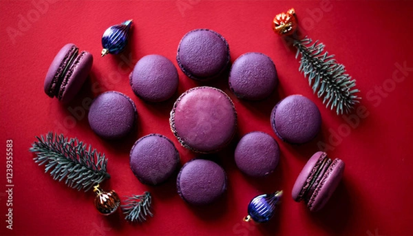 Obraz purple macarons with decorations on red historical past pastry food mockup flat lay minimum generative ai