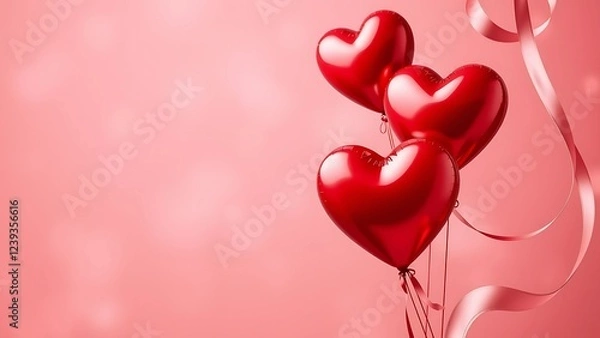 Fototapeta Red Heart Balloons and Ribbon | Valentine's Day Design, Ample Copy Space | Classic Heart Balloons, 2025 | 
