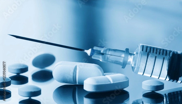 Fototapeta Medical concept: syringe and white pills, capsules on reflective surface. A close-up. Syringe and needle