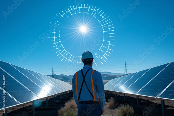 Fototapeta An engineer wearing a hard hat observes a solar panel farm under a bright blue sky with a futuristic digital interface, representing renewable energy and solar technology advancements.